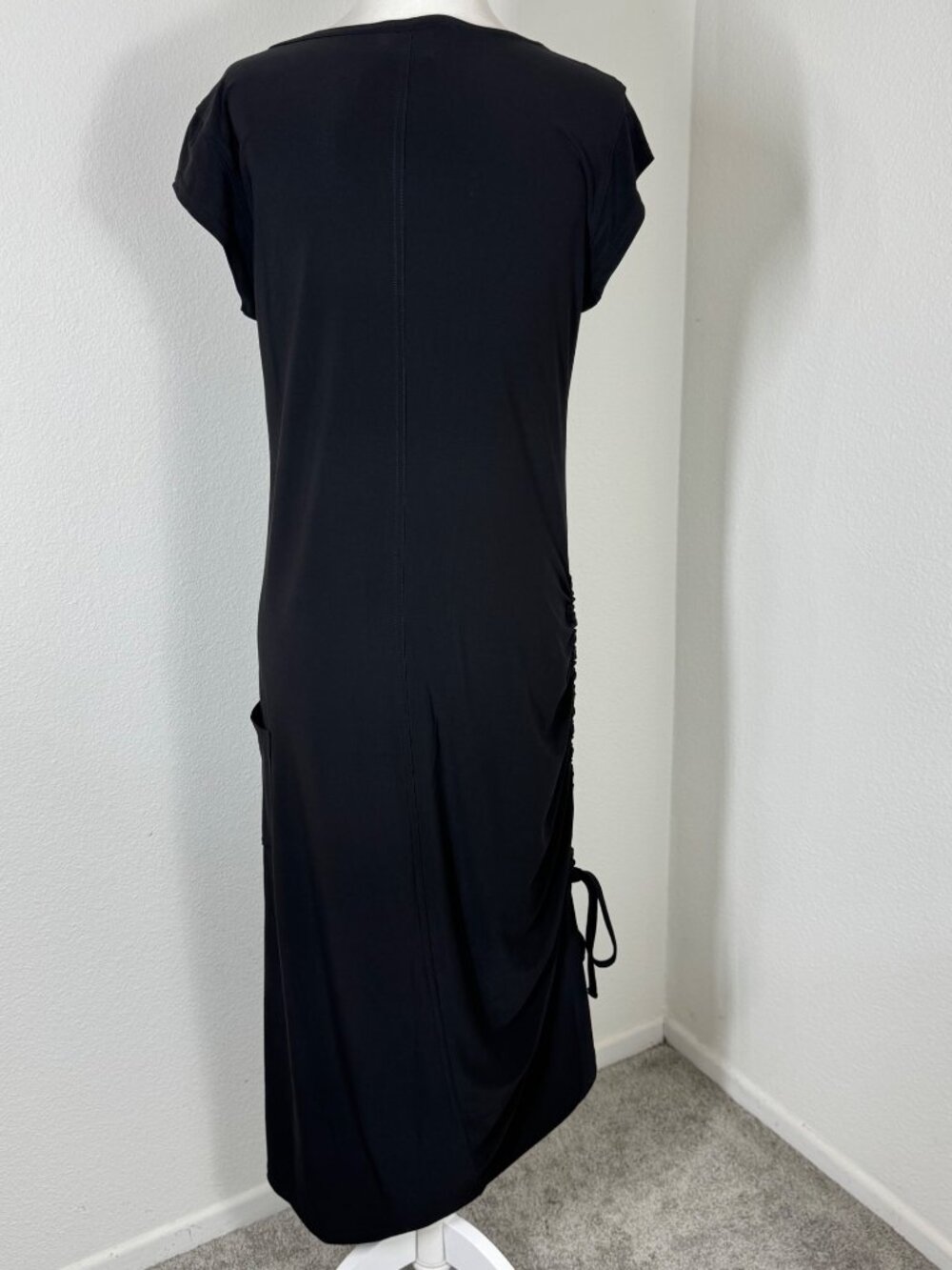 Joseph Ribkoff Dress Black Jersey Midi Side Ruching V Neck Sz 10 Short Sleeve - Picture 6 of 13